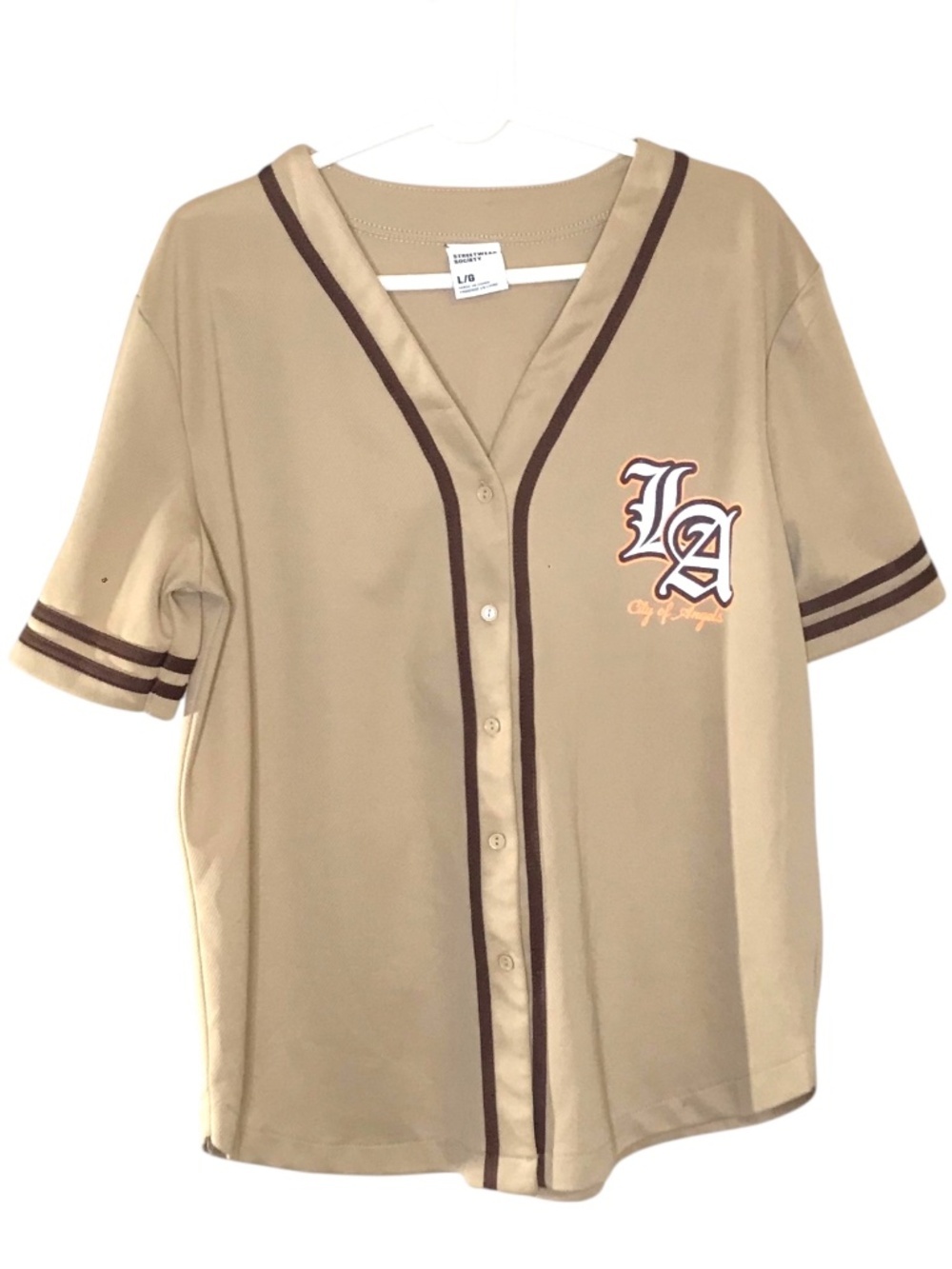 Los Angeles LA Baseball Jersey Mens Large Tan Brown Button Front City of Angels